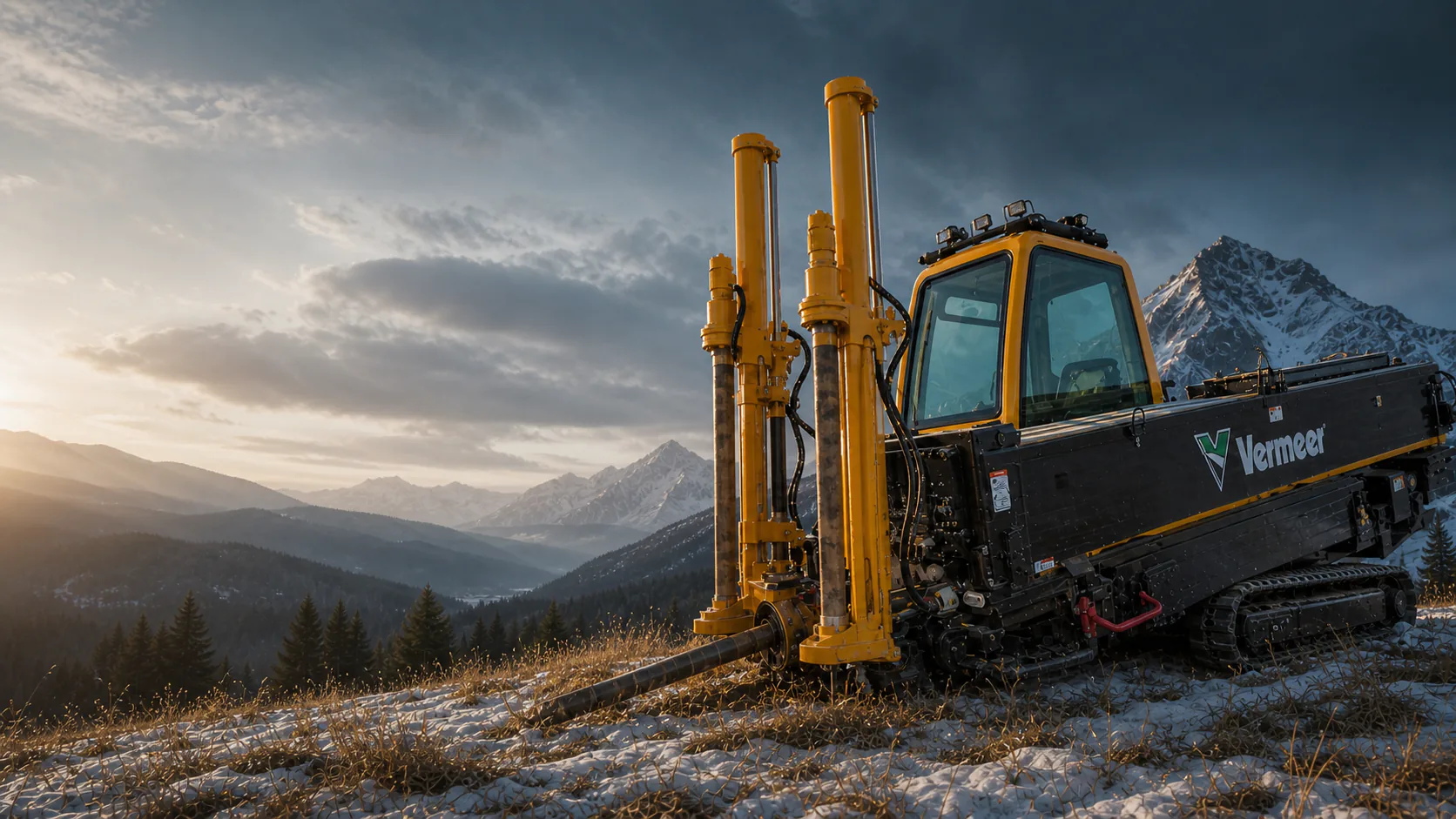 Vermeer directional drilling rig in a strong three-quarter view at a winter mountain job site